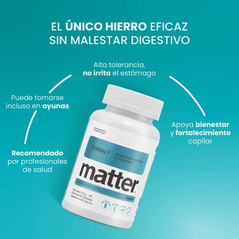 Matter Ferral Hierro Bisglicinato Ferroso y Vitamina C, Alta absorción,