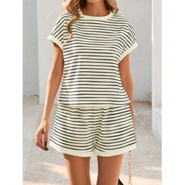 Famulily Women 2 Piece Stripe Summer Cute Beach Outfits Casual Matching Lounge Tracksuit Sets Beige M