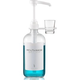 Glass Mouthwash Dispenser with Cup Holder and Pump, 16 Oz Rustic Boho Mouthwash Dispenser for Bathroom Farmhouse Decor - 1 Pack Clear