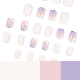 Short Square Press on Nails Flower Stick on Nails with Gold Foil Design Fake Nails Nude Glue on Nails Glossy Acrylic False Nails Full Cover Artificial Nails Reusable Nails Kit for Women Girls 24Pcs