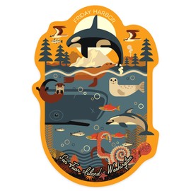 Die Cut Sticker Friday Harbor, Washington, San Juan Island, Marine Animals, Geometric, Contour Vinyl Sticker 3 to 6 inches, (Waterproof Decal for Cars, Water Bottles, Laptops, Coolers), Large