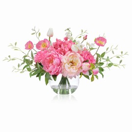 Artificial Flowers in Vase, WELL KNOWN Silk Hydrangea Bouquet and Peonies Artificial Flowers Table Centerpieces with Faux Water for Home Decor Fake Tulips Flower Arrangements for Table Decor (Fuchsia)