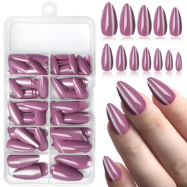 Bellelfin 120Pcs Cat Eye Press on Nails Almond Medium Length, Full Cover Purple Press on Fake Nails Glossy Acrylic Almond Shape Glue Nails for Women Girls