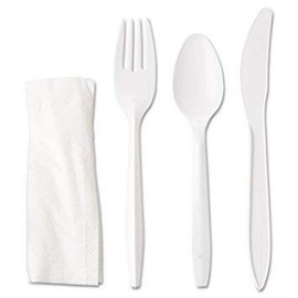 Primesource 250 Heavy Weight Plastic White Cutlery Kits Individually Wrapped Sets Includes Tea-Spoon, Fork, Napkin, Knife, Disposable (4-in-1)