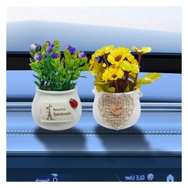 DUSCOKE 2PCS Cute Flower Bouquet in Pottery Vase Car Dashboard Ornament for Women Interior Aesthetic, Miniature Artificial Plant Car Center Console&Dashboard Decoration for Home Office (Purple/Yellow)