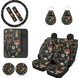 FUIBENG Mushroom Car Seat Covers Full Set of 12 Pcs,Retro Mushroom Auto Steering Wheel Cover/Seatbelt Pad/Armrest Cushion/Coaster/Keychain Universal Auto Interior Protector Accessory