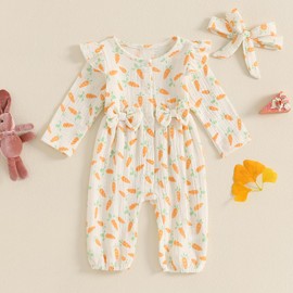 Baby Girl Easter Romper Carrot Bunny Print Ruffled Bodysuit Long Sleeve Full Length Button Jumpsuit with Headband (A-a-Carrot, 12-18 Months)