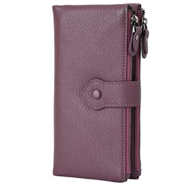 Bveyzi Women Soft Leather RFID Blocking Bifold Slim Wallets Ladies Credit Card Holder Double Zipper Pocket(Deep Plum)
