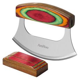 AmHoo Pizza Cutter 6.5 Inch Chef Mezzaluna Ulu Knife Handle Color Wood Grip Sharp Rocker Slicer Stainless Steel Blade Salad Onion Vegetable Chopper with Holder Base Christmas Gifts