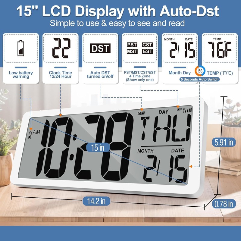 GEELION Atomic Clock with Backlight 15" Digital Wall Clock Battery