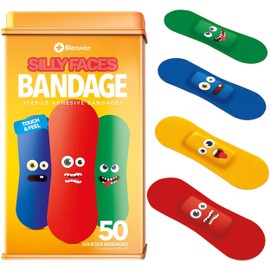 BioSwiss Bandages, Silly Faces Shaped Self Adhesive Bandage Set, Latex Free, Sterile Wound Care, 50 Count