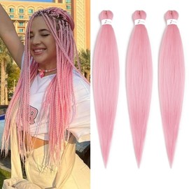 Pre Stretched Braiding Hair Extensions 3 Packs 26 Inch Pink Braiding Hair Synthetic Braids Hair Extension for Women Hot Water Setting(26Inch,Pink)