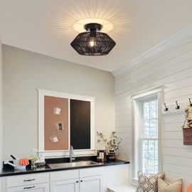 Black Ceiling Light, Rattan Semi Flush Mount Ceiling Lighting Fixtures Woven Cage Coastal Rustic Ceiling Lamp for Bedroom Kitchen Hallway Bathroom Farmhouse