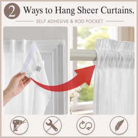 Sovtfides 2 Panels White Kitchen Curtains 41 Inch Length Tier Curtain,Self Adhesive & Rod Pocket Curtains, Two in One No-Drilling, Light Filtering Short Window Curtains for Bathroom, 25x41 inch,2PCS