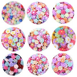 SUKPSY 100 piezas de flores de resina con parte trasera plana, adornos sueltos mezclados para manualidades, clips para el pelo, fundas de teléfono, accesorios de decoración (100)