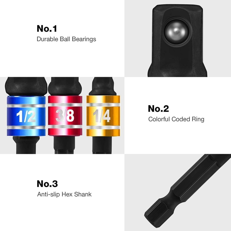 DODODIY 3PCS Impact Grade Socket Adapter/Extension Set,Hex Shank Impact Driver