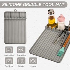 Silicone Griddle Tool Mat, Griddle Accessories, Side Shelf Spatula Mat with Drip Pad, BBQ Tool Holder, Utensil Rest for Kitchen Counter, Blackstone Large Silicone Caddy, Blackstone Organizer (Grey)