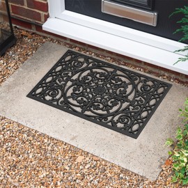XINGNA Rubber Doormat, Durable, Low Profile, Indoor Outdoor Door Mats, Easy Clean Patio Entrance Mat (Black Flower, 24 * 16")