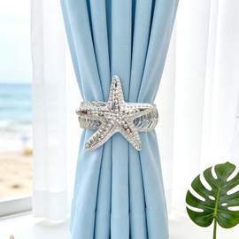 Davifina Starfish Curtain Tiebacks, 2 Pack Adjustable No Drill Curtain Holdbacks,Silver Metal Curtain Ties for Drapes,Coastal Curtain Holders for Living Room Kids Bedroom Bathroom Beach House Decor
