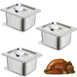 ORFCP Pack of 3 Containers 1/6 Stainless Steel with Lid, 100 mm Height Food Storage Container, Food-Grade Gastronorm Container Made of Stainless Steel, Heat Resistant Gastro Container, 17.5 x 16.2 x