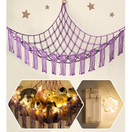 Stuffed Animal Hammock Corner with LED Light - Toy Storage Hammock Plushie Net Organizer - Teddy Bear Stuffy Hammock - Purple Nursery Decor Baby Kids Bedroom Nursery Furniture