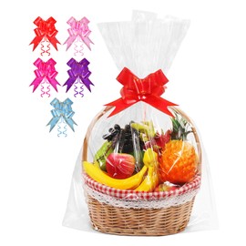 Pack of 5 Extra Large Transparent Cellophane Bags 60 x 76 cm Cellophane Bags with 5 Pull Bows Gifts, Gift Bags Transparent for Flowers, Gift Baskets, Crafts, Treat Wrap