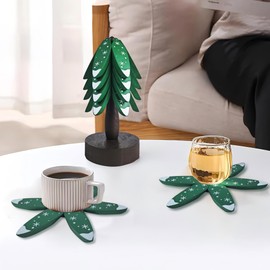 Xmas Wood Coasters Set, Decorative Christmas Tree Holder with 4 Pieces Coasters (Leaves) for Bar, Home, Kitchen, Natural Beech Wood Home Decor for Table Protection for Drinks, Plates, Pots, Pans