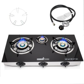 RegiisCook 3 Burner Propane Gas Cooktop,Camping Portable LPG Gas Stove, Auto Ignition Tempered Glass Countertop regulator burner grate