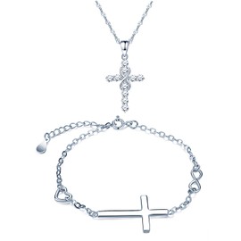CPSLOVE Women's Jewellery Sets, 925 Silver Necklace Bracelets, Women's Girls Necklace Pendant Bracelet, Infinity Symbol Cross Necklace and Bracelet, Adjustable Chain Length, Inlaid Zirconia, Silver,