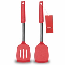 2 Pack Spatulas, Solid & Slotted Silicone Spatula Set, Stainless Steel Handle Coated with Silicone, Non Stick Turners, Heat Resistant Rubber Spatulas for Fish, Eggs, Pancakes, WOK, Red