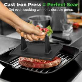 Nutrichef Cast Iron Grill Press - Heavy-Duty Griddle Press with Wooden Handle, Speeds Up Cooking Time on Steak, Burger Patty, Meats, Bacon, Quesadillas & More, Leave an Attractive Mark on Any Meat
