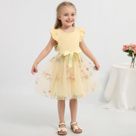 Bkixhv Toddler Girls Baby Tutu Tulle Dress Ruffled Sleeve Embroidered Floral Princess Party Dresses Summer Clothes 2-7Y Apricot