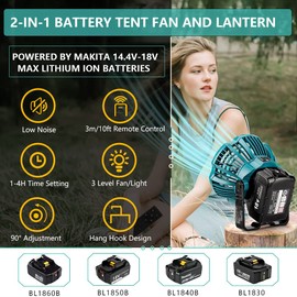 Hiesuan for Makita Fan Portable Camping Fan with Lantern, Remote, 3 Speed Brightness, 4H Timer, Foldable Hook Rechargeable Cordless Jobsite Small Personal Fan for Makita 14.4V-18V Li-Ion Battery