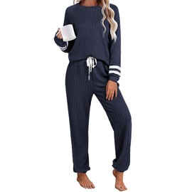 Ekouaer Lounge Sets for Women Ribbed Knit Outfits Pajamas Sets 2 Piece Long Sleeve Sweatsuits with Pockets Blue XXL