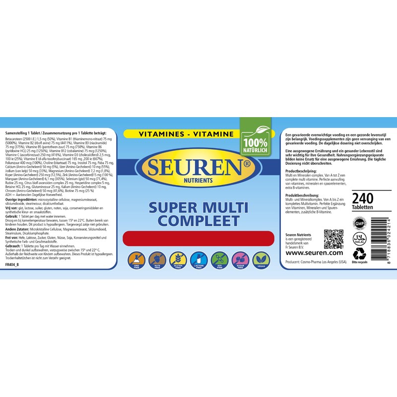 Seuren Nutrients Super Multi Compleet Multivitamins 240 Tablets Men &