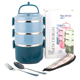 SANQIAHOME 3 Tier Stackable Stainless Steel Lunch Box Sealed(blue, 3 layers) with spoon and fork