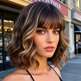 Amarlis Blonde Highlight Bob Wig with Bangs for Women Dark Brown and Blonde Wigs Natural Looking Heat Resistant Synthetic Wig for Daily Party Use