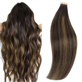 DOORES Tape in Extensions Real Human Hair, 80g 20pcs Balayage Dark Brown to Chestnut Brown 18 Inch, Thick Natural Human Hair Extensions, Natural Thick Remy Tape in Straight