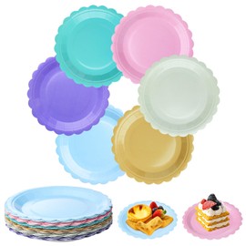 Surflyee 60 Pack Coloured Paper Plates, Birthday Plate, 7 Inch Paper Party Plates for Dinner and Dessert, Use for Wedding Birthday Picnic DIY (Flower Edges)