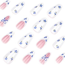 Press On Nails Medium Almond Shape – 24PCS Blue Bow French Tip Fake Nails with Pearl Accents, Floral Lace Design, Reusable Medium Length False Nails for Women, DIY Manicure