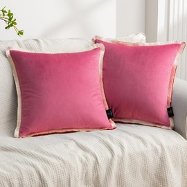 Phantoscope Pack of 2 Velvet Decorative Throw Pillow Covers, Double-Sided Tassel Trimmed Design, Soft Luxury Velvet Pillows Square Cushion Case for Couch Sofa Bed, Pink, 18 x 18 inches 45 x 45 cm