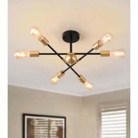 MEIXISUE Modern Semi Flush Mount Ceiling Light Fixture Black and Gold Close to Ceiling Light 6-Light Sputnik Chandelier Light Fixture for Hallway Entryway Bedroom Kitchen Dining Room UL Listed