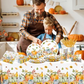 Thanksgiving Tableware,141pcs Fall Themed Pumpkin Dinnerware Maple Thanksgiving Plates and Napkins Sets Pumpkin Cups Tablecloth for Autumn Harvest Themed Party Decorations