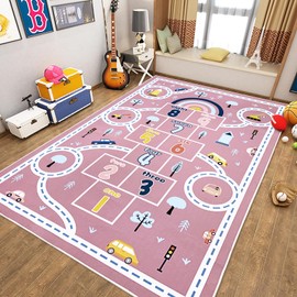 Abeigoi Pink Hopscotch Car Rug 10Ft Extra Large Kids Play Mat Rainbow Classroom Rug for Kids Girls Bedroom Carpet Educational Learning Area Rug Children Rug Preschool Car Road Rug, 6.6x9.8Ft, Pink