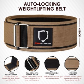 Gym Striker® Weight Lifting Belt Premium Self-Locking Gym Belts weightlifting belt Adjustable Back Lumbar Support Fitness Belt Athlete preferred Powerlifting Deadlift CrossFit Dip Squat [Tan, XS]
