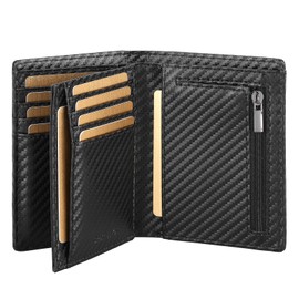 SkaTtesKai Men's Leather Wallet with RFID Protection Large with Coin Compartment 13 Compartments Genuine Leather Wallet, Carbon Black, Minimalist