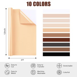 HTVRONT Skin Tone HTV Vinyl Bundle - 10 Pack 12" ×3FT Brown HTV Heat Transfer Vinyl Rolls, Skin Tone Iron on Vinyl for T-Shirts, Beige HTV Vinyl Bundle with 10 Assorted Colors