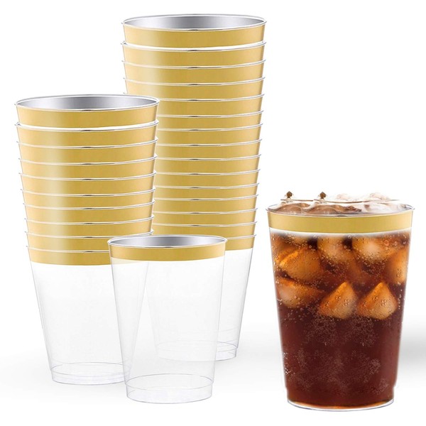 Clear Plastic Cups 336 Pcs - 10 oz Disposable Gold-Rimmed Hard Plastic Tumblers - Bulk Party Cups - Cocktail Drinking Glasses For Wedding, Easter, St. Patrick's Day, Birthday & All Occasions