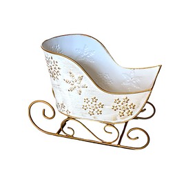 STC World Christmas Sleigh Metal Ornament Small Candy Storage Gift Tabletop Centerpiece Mantel Fireplace (White Snowflake)