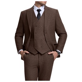 ZKHOECR Suits for Men Retro 3 Piece Brown Herringbone Tweed Suit Tweed Suit Jacket Vest Pants Wedding Prom Tuxedo Suits for Men M